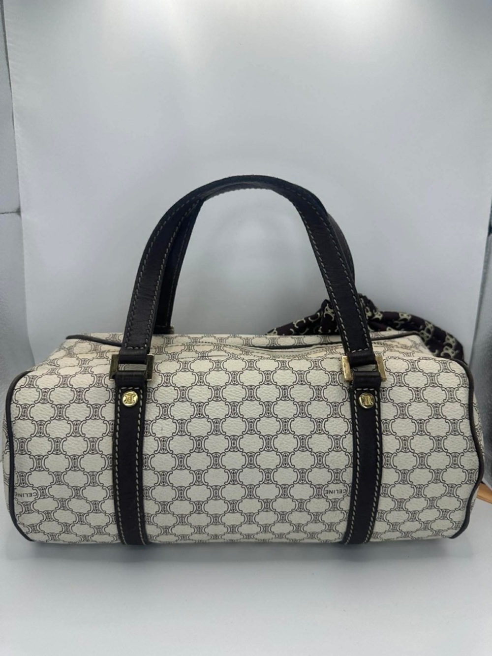 Celine Cream and Brown Monogram Top Handle Bag with Branded Scarf - Picture 2 of 13